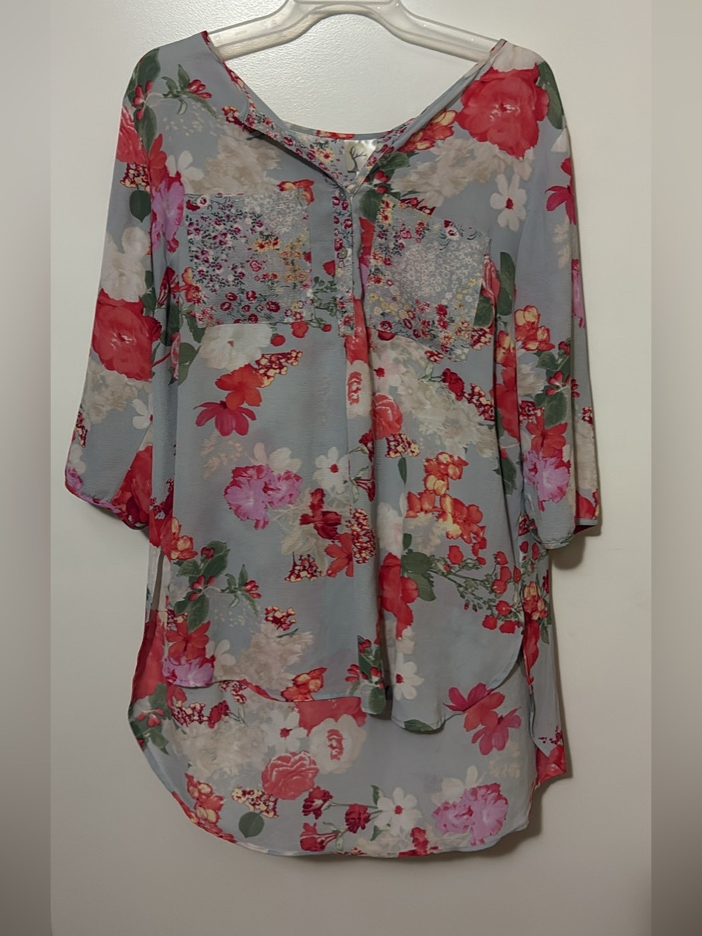 LuLaRoe Light Blue Floral Blouse with Red & Pink Flowers